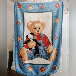Vtg Blue Jean Teddy Bear Plush Fleece Baby Blanket Panda Blocks SOFT Rare 30X43